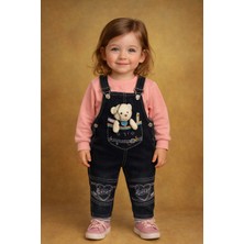 Famous Town Kız Çocuk Sevimli Ayıcık Nakışlı Kot Salopet Tulum