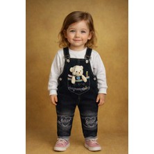 Famous Town Kız Çocuk Sevimli Ayıcık Nakışlı Kot Salopet Tulum