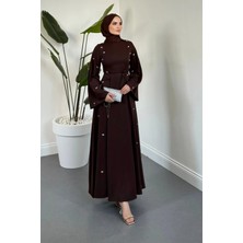 Merven Akyüz Adeline Yanları Taşlı Ispanyol Kol Abiye Kahverengi