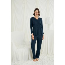 Aria's Closet Arias Closet Uzun Kollu Boydan Düğmeli V Yaka Pijama Takımı