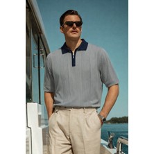Damga Erkek Çizgili Premium Comfort Gri Polo Yaka Tişört