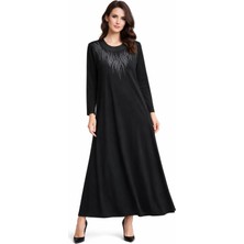 Wearon Kadın Siyah Taşlı  Uzun Kol Likralı Viskon Elbise BGL-ST05326