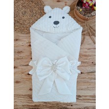 DMR Elegance Yenidoğan Beyaz Wool Yün Kumaş Ayıcık Kulaklı Kundak Bebek Battaniyesi Beyaz