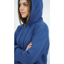 Unisex Rahat Kesim Pamuklu Yumuşak Dokulu Içi Polarlı Basic Desenli Kapüşonlu Sweatshirt Koyu Mavi / M