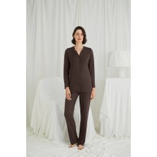 Aria's Closet Arias Closet Uzun Kollu Boydan Düğmeli V Yaka Pijama Takımı