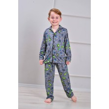 Pijakids - Serenad Pjkö Minec Desenli Füme Uzun Kollu Önden Düğmeli Erkek Çocuk Pijama Takımı 4-12 Yaş 519U