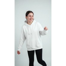 Unisex Rahat Kesim Pamuklu Yumuşak Dokulu Içi Polarlı Basic Desenli Kapüşonlu Sweatshirt Beyaz / Xl