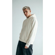 Unisex Rahat Kesim Pamuklu Yumuşak Dokulu Içi Polarlı Basic Desenli Kapüşonlu Sweatshirt Ekru / M