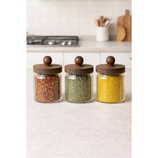 Eskabia 3'lü Akasya Kapaklı Borosilikat Çizgili Cam Kavanoz Seti 600 ml