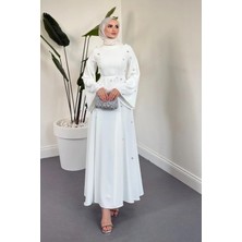 Merven Akyüz Adeline Yanları Taşlı Ispanyol Kol Abiye Beyaz