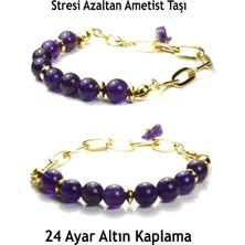 Doğal Taş Takı Dünyası Orijinal Ametist Taşı Bileklik | 24 Ayar Altın Kaplama Gerçek Doğal Taş Takı