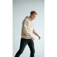 Unisex Rahat Kesim Pamuklu Yumuşak Dokulu Içi Polarlı Basic Desenli Kapüşonlu Sweatshirt Bej / 3xl