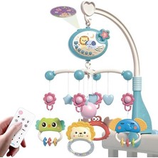 Pilli Işıklı Müzikli Projektörlü Kumandalı Sabitlemeli Dönence Çıngıraklı Dişlikli Bebek Yatıştırıcı Zaman Ayarlı (Mavi)