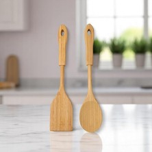 Bambu 2'li Servis Seti, Tavalarınız ve Kızarmanız Için Spatula, Servisleriniz Için Büyük Kaşık | 2 Adet Lüks Bambu Set