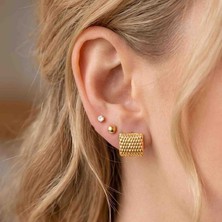 Bontexs Kadın 3'lü Set Kare Desenli ve Tektaşlı Kararmaz Çelik Küpe, Retro Kare Dokulu Çelik Küpe Seti - Antialerjik Altın Rengi Takı Seti Kararmaz Paslanmaz 316L