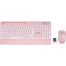 Everest KM-9676 Multimedya Tablet-Telefon Standlı Bileklik Ağrı Engelleyicili Uzun Menzilli Kablosuz Klavye Mouse Set (Pembe)