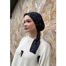 Anatölye Siyah Mavi Çiçek Desen Tülbent Eşarp Bone - Kaymaz Terletmez (Kaymayan)