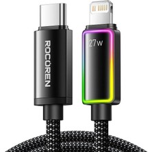 27W Type-C To Lightning Rgb Aydınlatmalı Örgülü Şarj ve Data Kablosu 1 Metre