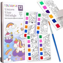 Renk Paletli Sulu Boya Kitabı + Fırça, 12 Sayfa Boyama Kitabı, Aktivite Boyama Seti, Çocuklar Için Yeni Nesil Sulu Boya Defteri (Unicorn Uzay Yolculuğu)