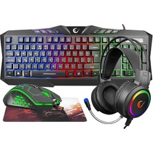 KM-404 Argentı Rainbow Aydınlatmalı USB Gaming Combo Q Klavye + Kulaklık + Mouse + Mousepad