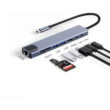 Cf-04 Macbook Uyumlu Type-C™ To 4K HDMI Tv Projeksiyon UHD 1080P 2* Type-C 3* USB Sd/tf RJ45 Ethernet Lan 8ın1 Çevirici Hub Adaptör