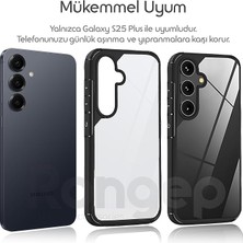 Samsung Galaxy S25 Plus Için Şok Emici Silikon Kenarlı Şeffaf Kılıf Arkası Sararmaya Karşı Sert Pc Yapılı Parmak Izi Tutmayan Çizilme ve Darbelere Dayanıklı Premium Hibrit Kılıf (Siyah)