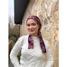Anatölye Bordo Çiçek Desen Tülbent Eşarp Bone - Kaymaz Terletmez (Kaymayan)