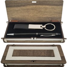 Derin Stok Ahşap Kutulu Siyah Anahtarlık ve Kalem Set