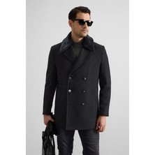 Süvari Siyah Slim Kruvaze Yaka Cepsiz Kaban