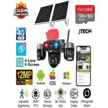 Jtech O-Kam Pro OK-336 Premium 4g 12MP Sim Kartlı Solar Panelli Polis Çakarlı 4 Lens 1 Ptz Akıllı Kamera