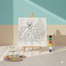 Hobi Universe Çocuklar Için Süper Kahraman Kedi ve Köpek Desenli, 20X20 Kare Tuval Boyama Seti