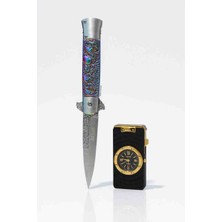 Mertcan Knife Çakı ve Saat Tasarımlı Metal Çakmak Seti Kamp Bıçağı