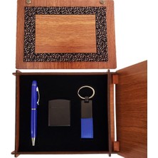 Ahşap Kutulu Mavi Kalem Anahtarlık Çakmak Set Hediyelik