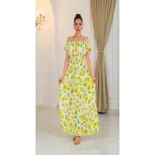 Fibula Meyve Desen Standart Beden Asimetrik Yaka Kıraş Kat Elbise 36-44 Bedenler Arası Olur