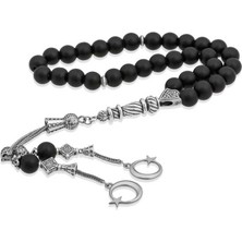 Doğaltaş Metal Püsküllü Oniks Siyah Mat Taşlı Tesbih