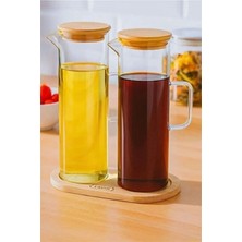 Sedoa 3 Parça 400 ml Borosilikat Yağlık - Bambu Altlık ve 2 Adet Bambu Kapaklı Cam Yağdanlık