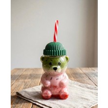 Goggy Bear Pipetli Ayıcık Cam Bardak Yeşil Bereli Figürlü Meşrubat Bardağı 550 ml
