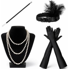 Nemere 1920’LER Çarliston Aksesuar Seti – Inci Kolye, Eldiven, Sigara Tutucu, Siyah Saç Bandı Nemer