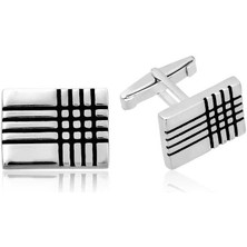 ​925 Ayar Gümüş Dikdörtgen Çizgili Klasik Kol Düğmesi