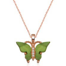 Gümüş Rose Yeşil Kaplangözü Taşlı Kelebek Kolye