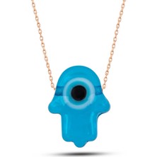 Gümüş Rose Mavi Nazarlı Cam Fatma Ana Eli Kadın Kolye