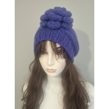 Hobi Universe El Örgüsü Kadın Bere - Mor Renk Fıstık Modelli Ponpon Detaylı Yünlü Kışlık Şapka