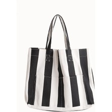 Kadın Kanvas 2 Cepli Günlük Renkli Plaj Omuz Çantası Siyah