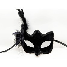 Siyah Renk Yandan Tüylü Beyaz Incili Süet Kaplama A Kalite Lüks Parti Maskesi 20X23 cm
