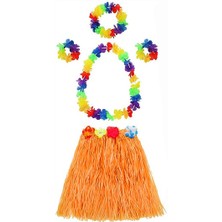 Yetişkin ve Çocuk Uyumlu Luau Aloha Hawaii Turuncu Etek ve Renkli Kolye Taç 2 Adet Bileklik Seti