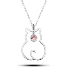 925 Ayar Gümüş Ekim Ayı Doğum Taşı Kedi Kadın Kolye