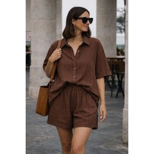 Barış Beauty Kadın Kısa Kollu Çizgili Modal Kumaş Gömlek ve Yüksek Bel Lastik Detay Şort Ikili Takım