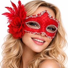 Marsilyan Kırmızı Tüylü Venedik Lüks Balo Maskesi