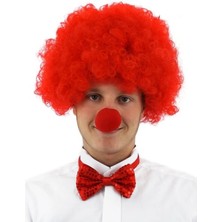 Marsilyan Kırmızı Renk Kıvırcık Afro Bonus Peruk Takma Saç ve Kırmızı Burun Seti