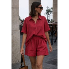 Barış Beauty Kadın Kısa Kollu Çizgili Modal Kumaş Gömlek ve Yüksek Bel Lastik Detay Şort Ikili Takım